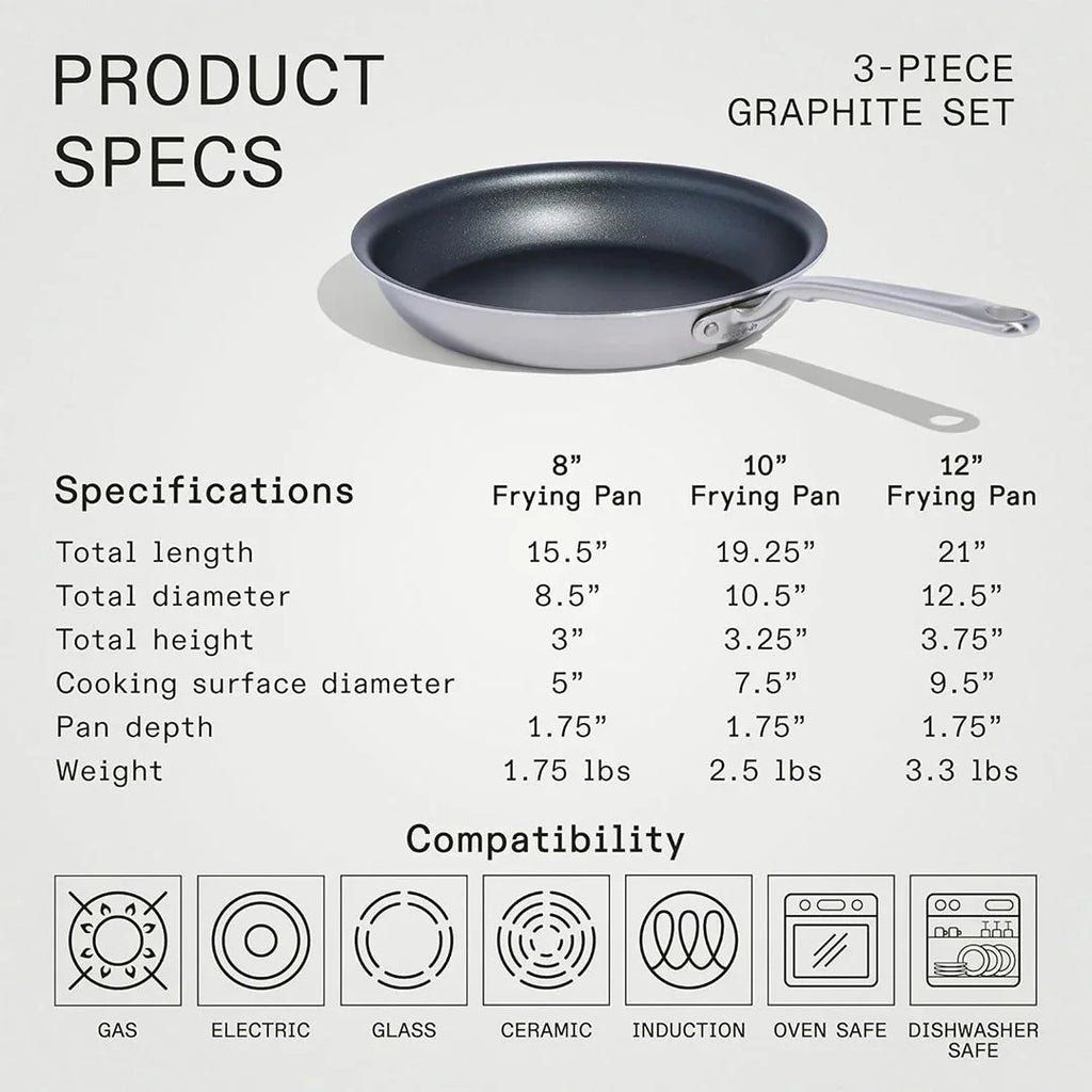 Made In – ProCoat™ Non-Stick 3-Piece Frying Pan Set (8" + 10" + 12") – 5-Ply Stainless Clad, Induction Compatible