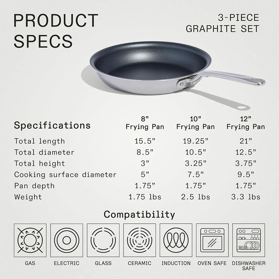 Made In – ProCoat™ Non-Stick 3-Piece Frying Pan Set (8" + 10" + 12") – 5-Ply Stainless Clad, Induction Compatible