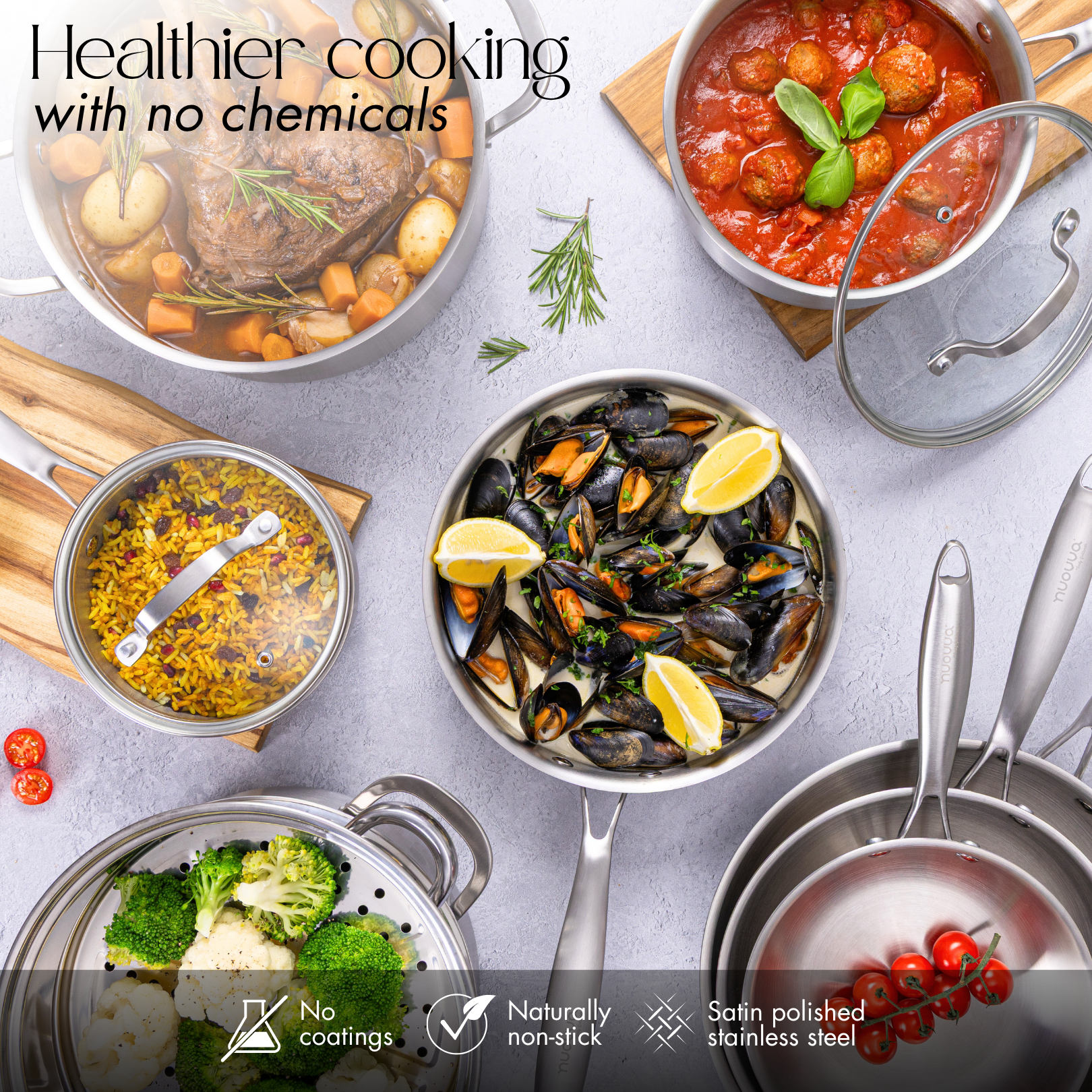 14Pcs Stainless Steel Cookware Set with Glass Lids – Induction Compatible – By Nuovva