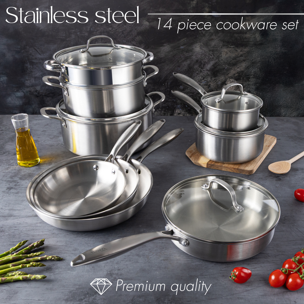 14Pcs Stainless Steel Cookware Set with Glass Lids – Induction Compatible – By Nuovva