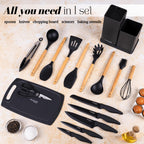 17pcs Black Kitchen Utensil & Knife Set with Block & Chopping Board, By Nuovva