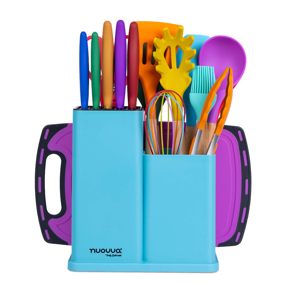 17pcs Colourful Kitchen Utensil & Knife Set with Block & Chopping Board, By Nuovva