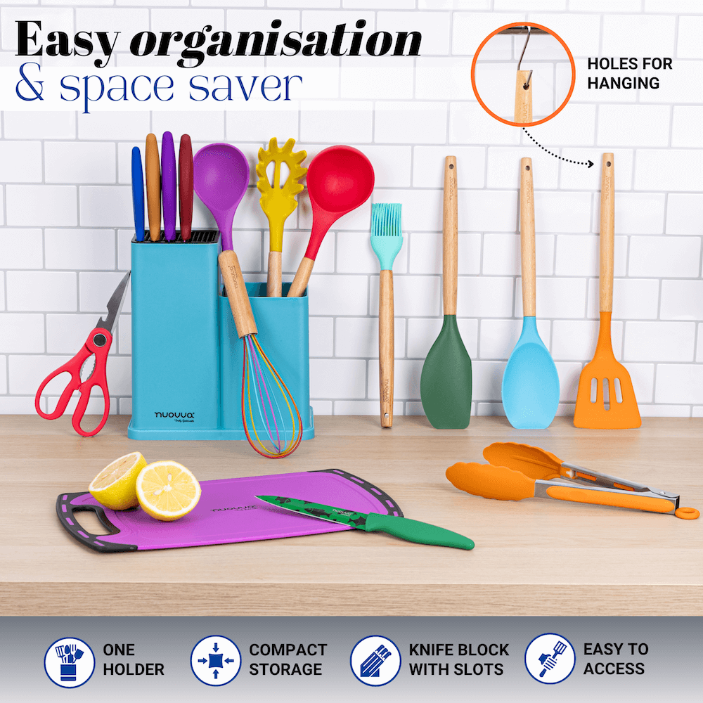 17pcs Kitchen Utensil & Knife Set with Block & Chopping Board (Multiple Colours) - By Nuovva