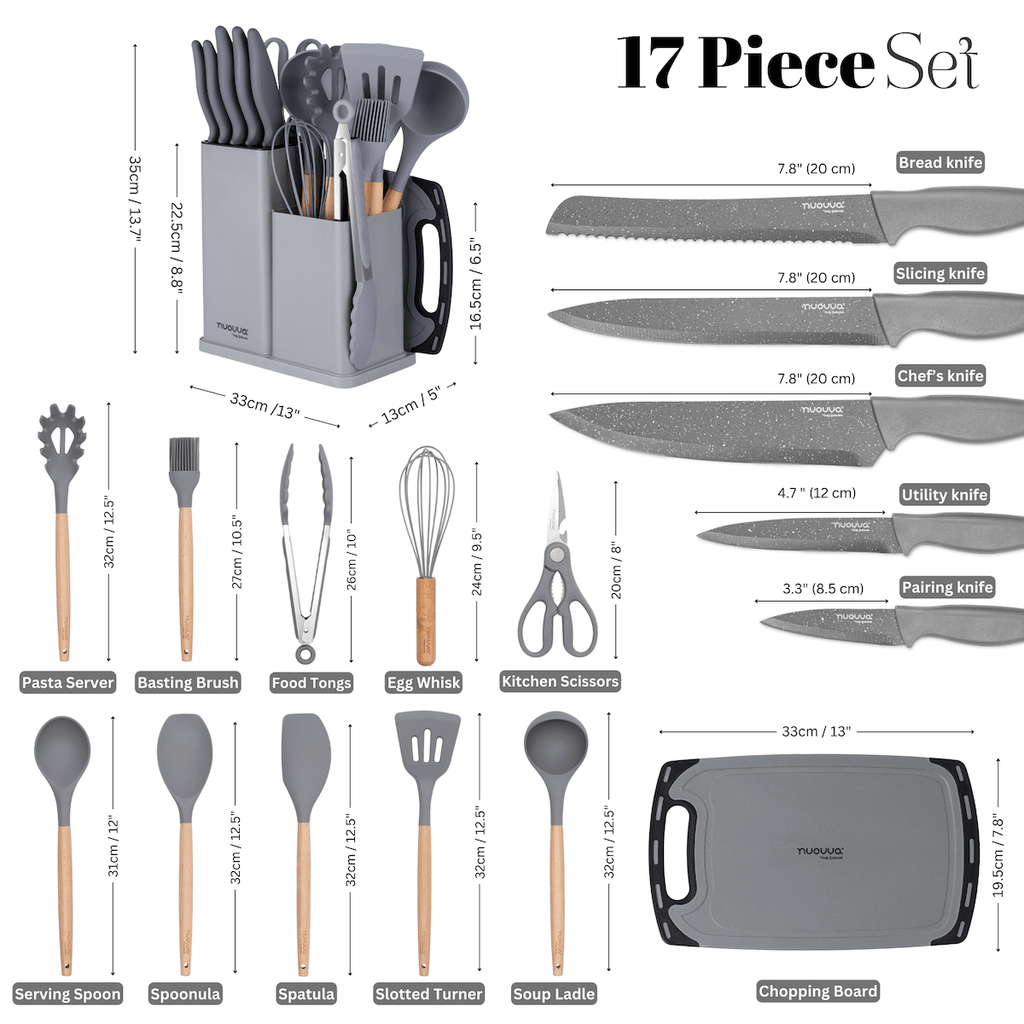 17pcs Kitchen Utensil & Knife Set with Block & Chopping Board (Multiple Colours) - By Nuovva