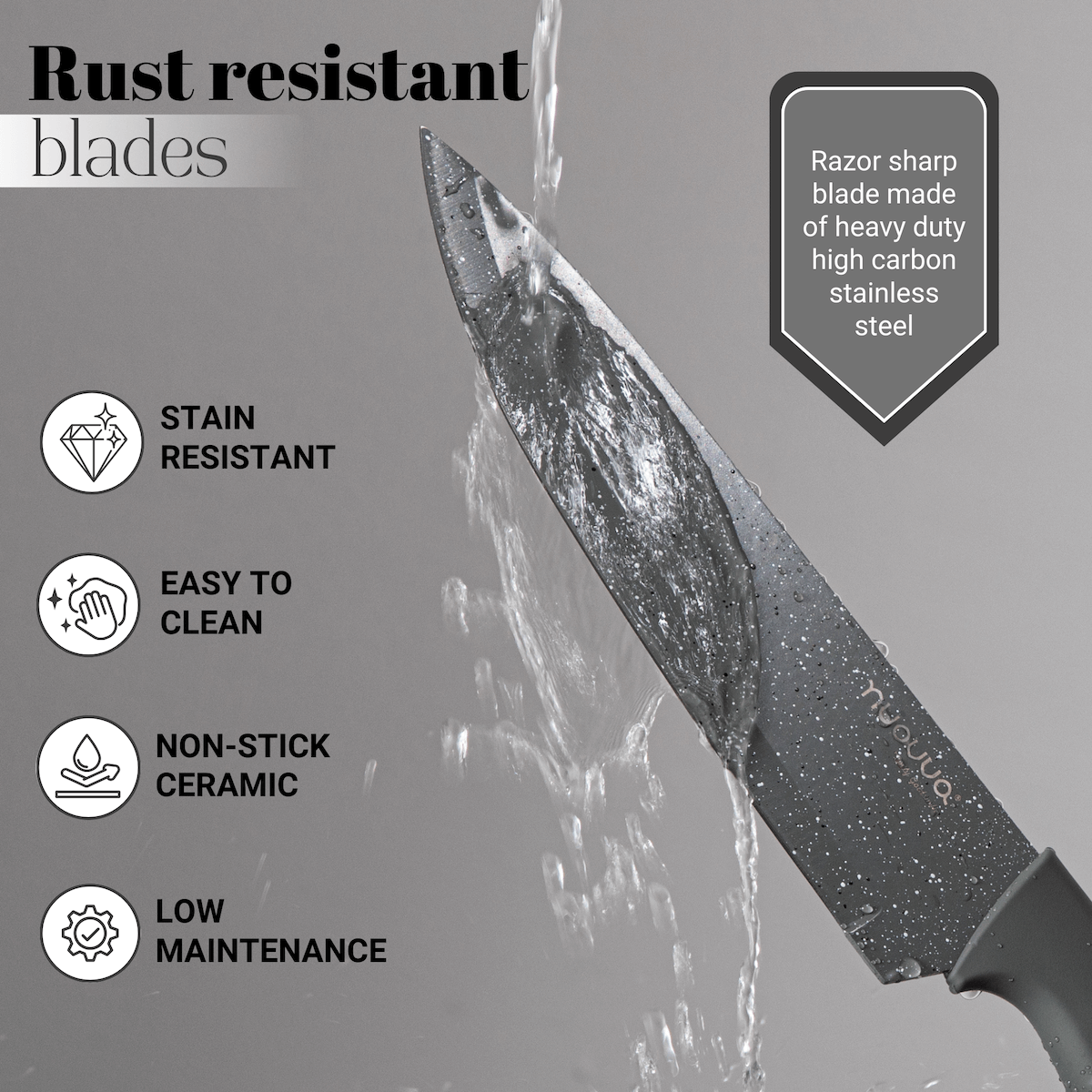 17pcs Grey Kitchen Utensil & Knife Set with Block & Chopping Board, By Nuovva