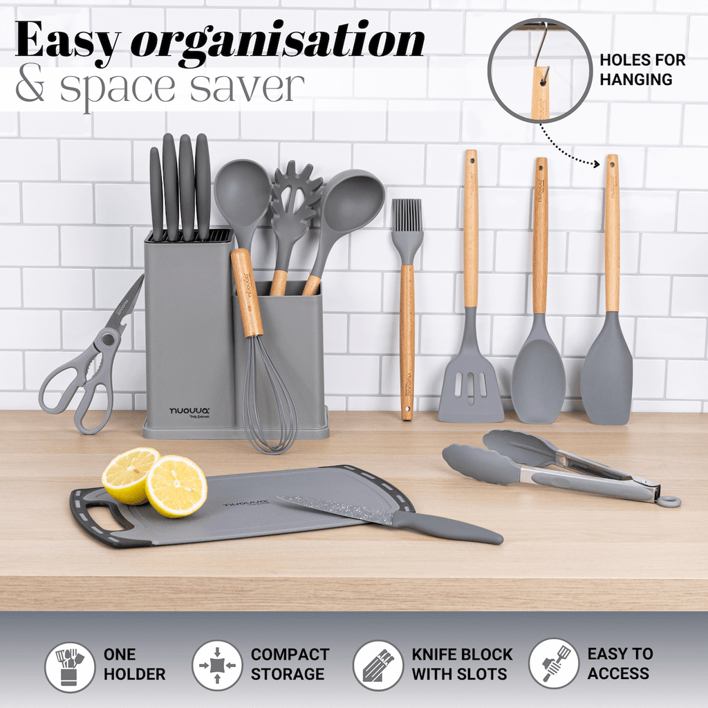17pcs Grey Kitchen Utensil & Knife Set with Block & Chopping Board, By Nuovva