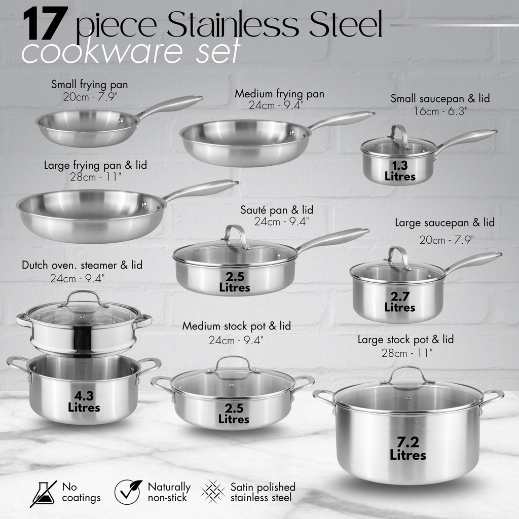 17pcs Stainless Steel Pots and Pans Cookware Set, by Nuovva