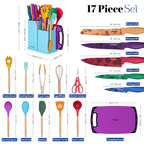 17pcs Colourful Kitchen Utensil & Knife Set with Block & Chopping Board, By Nuovva