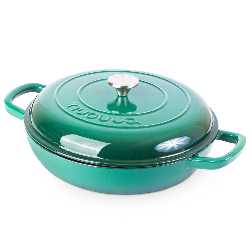 Dark Green Shallow Cast Iron Casserole Dish with Lid - 32cm - 3.5L, by Nuovva