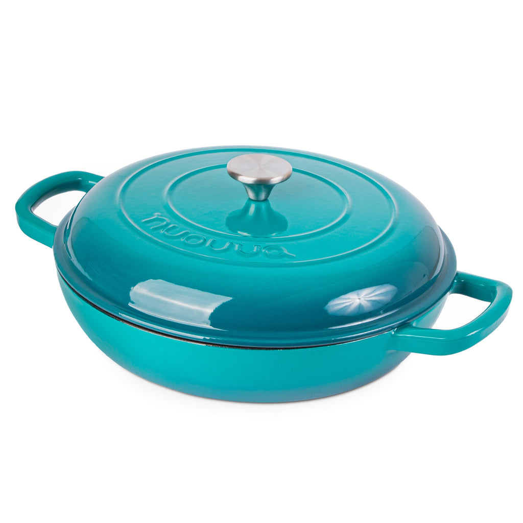 Shallow Cast Iron Casserole Dish with Lid - 32cm - 3.5L (Multiple Colours), by Nuovva