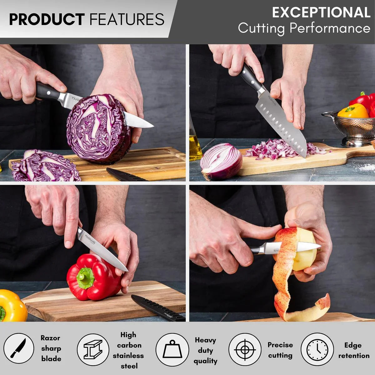 Ultra-Sharp High Carbon Stainless Steel 4pcs Kitchen Knife Set with Ergonomic Grip By Nuovva