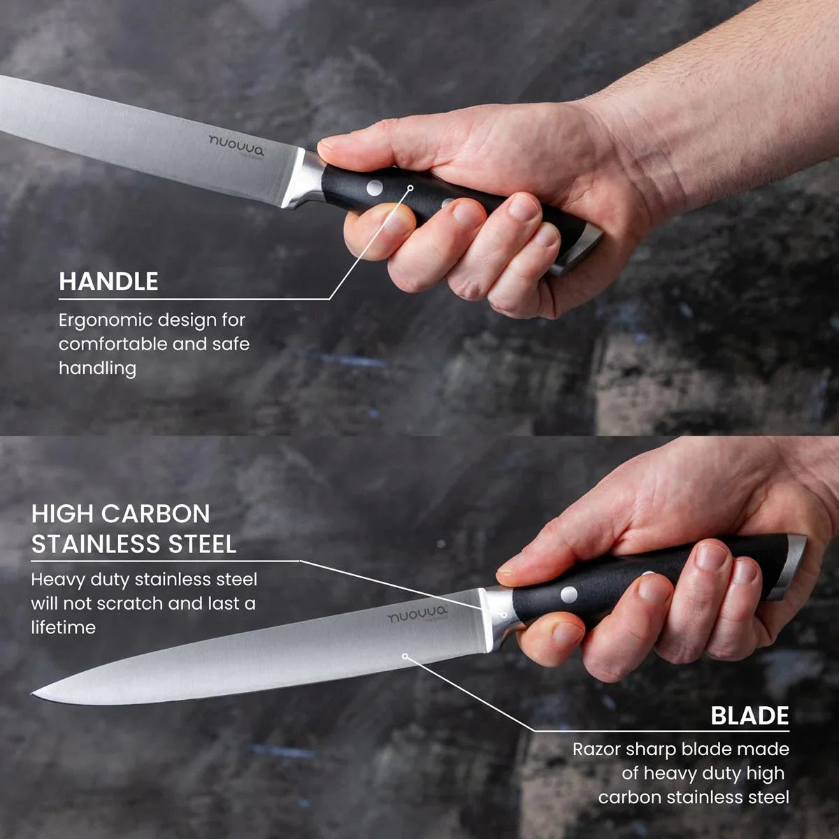 Ultra-Sharp High Carbon Stainless Steel 4pcs Kitchen Knife Set with Ergonomic Grip By Nuovva