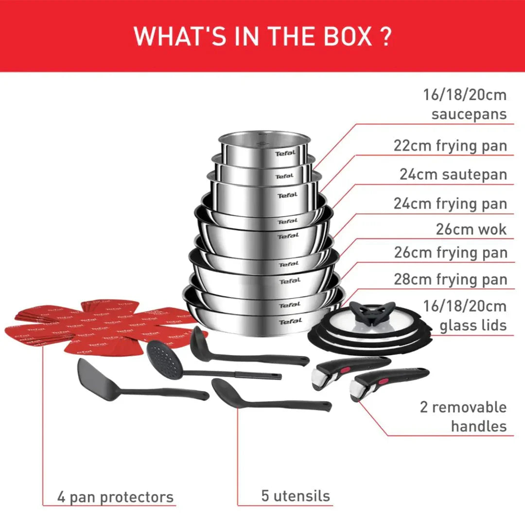 Tefal Ingenio Emotion 22-Piece Cookware Set – Stainless Steel Space-Saving Design