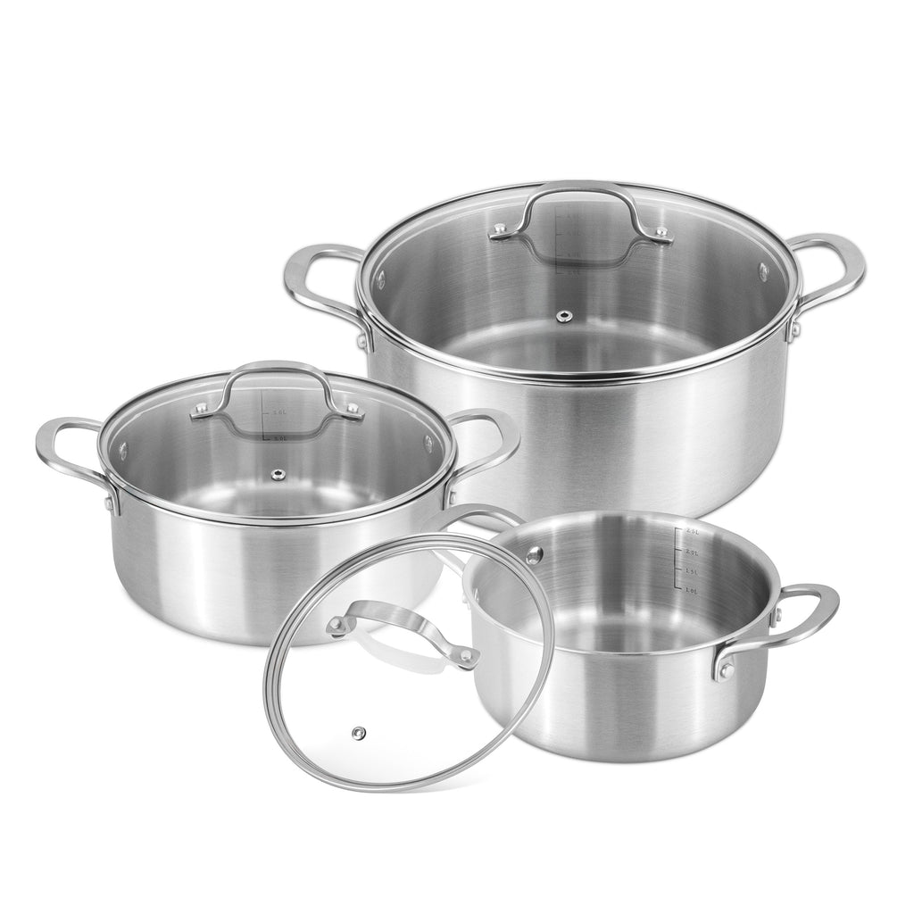 6Pcs Stainless Steel Casserole Set – 3 Pots with Glass Lids – (20cm 2.7L, 24cm 4.3L & 28cm 7.2L) – By Nuovva