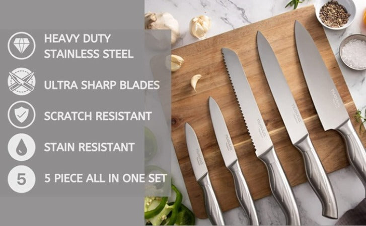 Stainless Steel Knife Set with Hardwood Block (Multiple Quantities: 5pcs, 14pcs), by Nuovva
