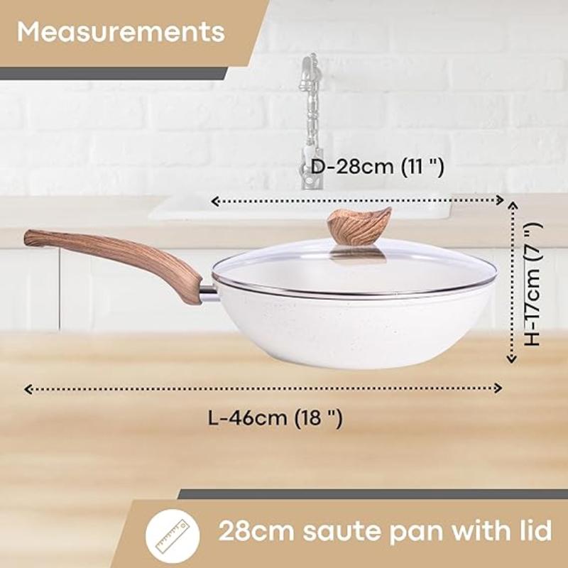 Cream Induction Non-Stick Wok Pan – Deep Stir Fry Pan With Lid - 28cm