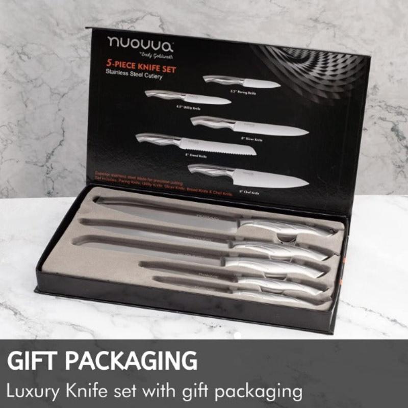 Professional Kitchen Knives - 5 Pieces Stainless Steel Blades - Gift Box, by Nuovva