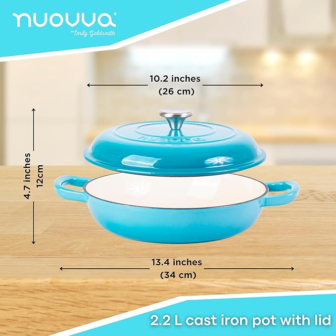 Light Blue Shallow Cast Iron Dutch Oven Casserole Pot - 2.2L - 26cm, by Nuovva
