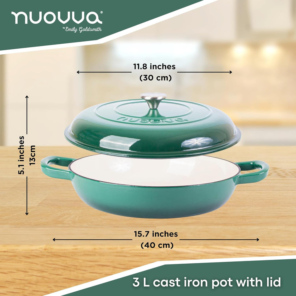 Dark Green Shallow Cast Iron Dutch Oven Casserole Pot - 3.9L - 30cm by Nuovva