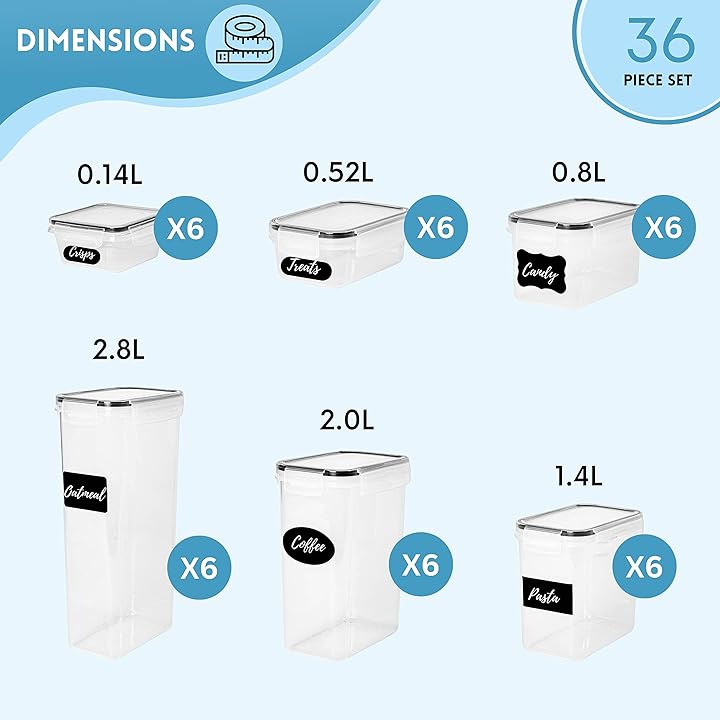 Airtight Kitchen Food Storage Containers, Multiple Sizes (Sets of 8, 14, 20, 36) by Nuovva