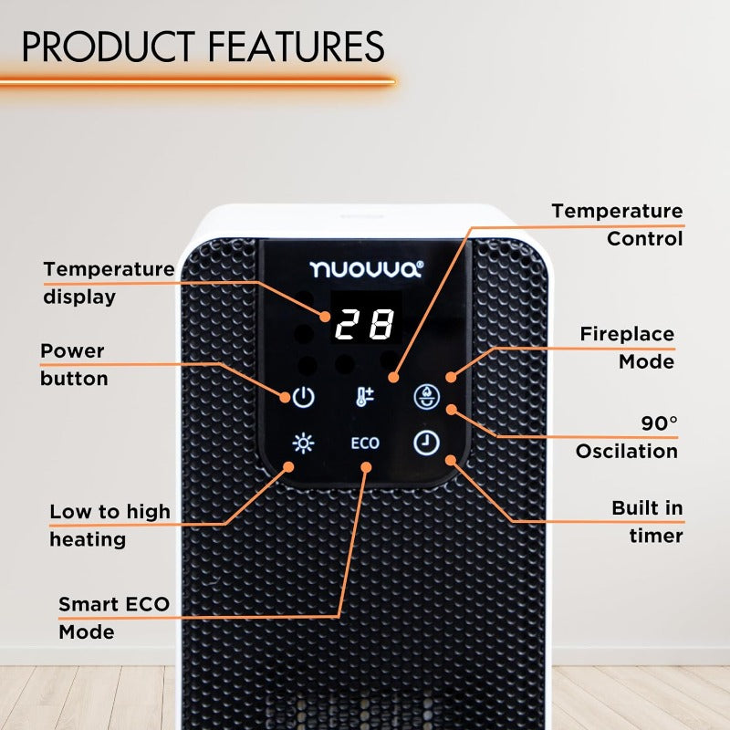 Ceramic Electric Tower Fan Heater with Fireplace Display