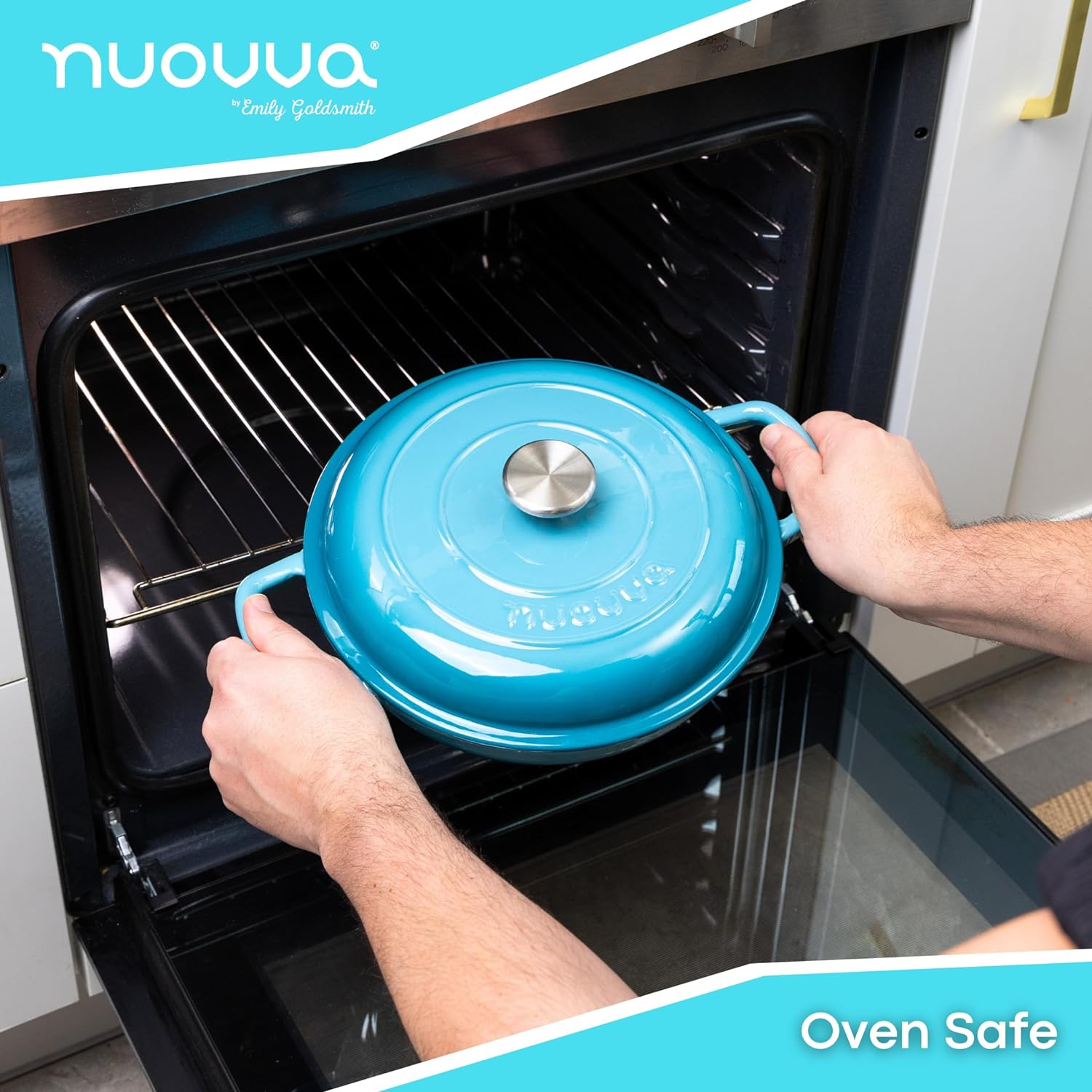 Light Blue Shallow Cast Iron Dutch Oven Casserole Pot - 2.2L - 26cm, by Nuovva