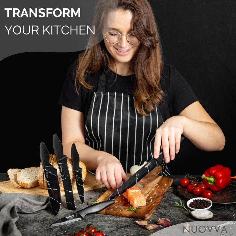 Black Marble-Effect Granite Non-Stick Kitchen Knife Set 5pcs, by Nuovva