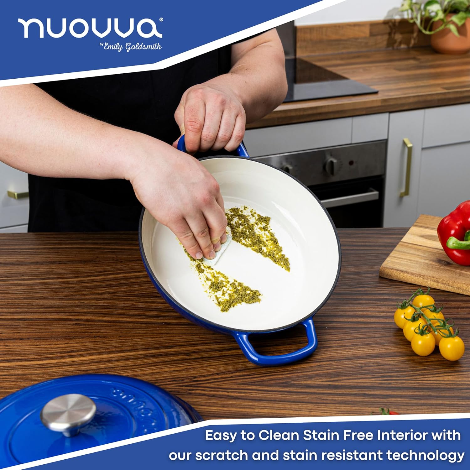 Dark Blue Shallow Cast Iron Dutch Oven Casserole Pot - 2.2L - 26cm, by Nuovva