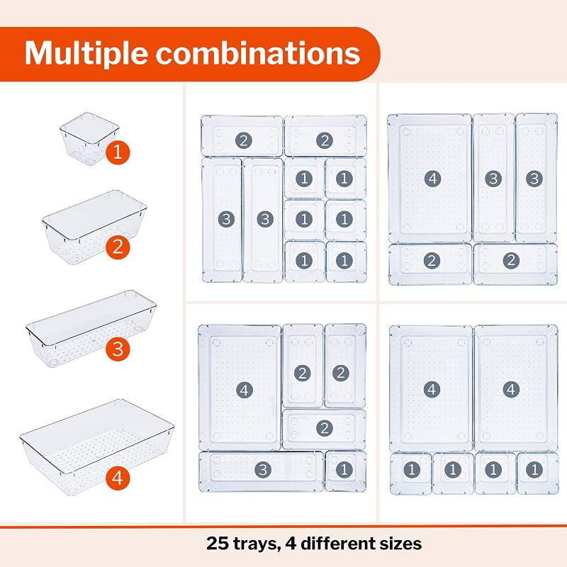 Clear Drawer Organiser Set (Multiple Quantities)  12, 16, 21 & 25 pcs, by Stackzy