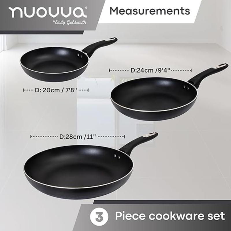 Black Frying Pan Set for Induction, Gas & Electric Hob (3 Piece) by Nuovva