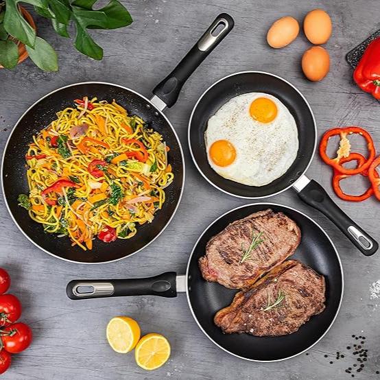 Black Frying Pan Set for Induction, Gas & Electric Hob (3 Piece) by Nuovva