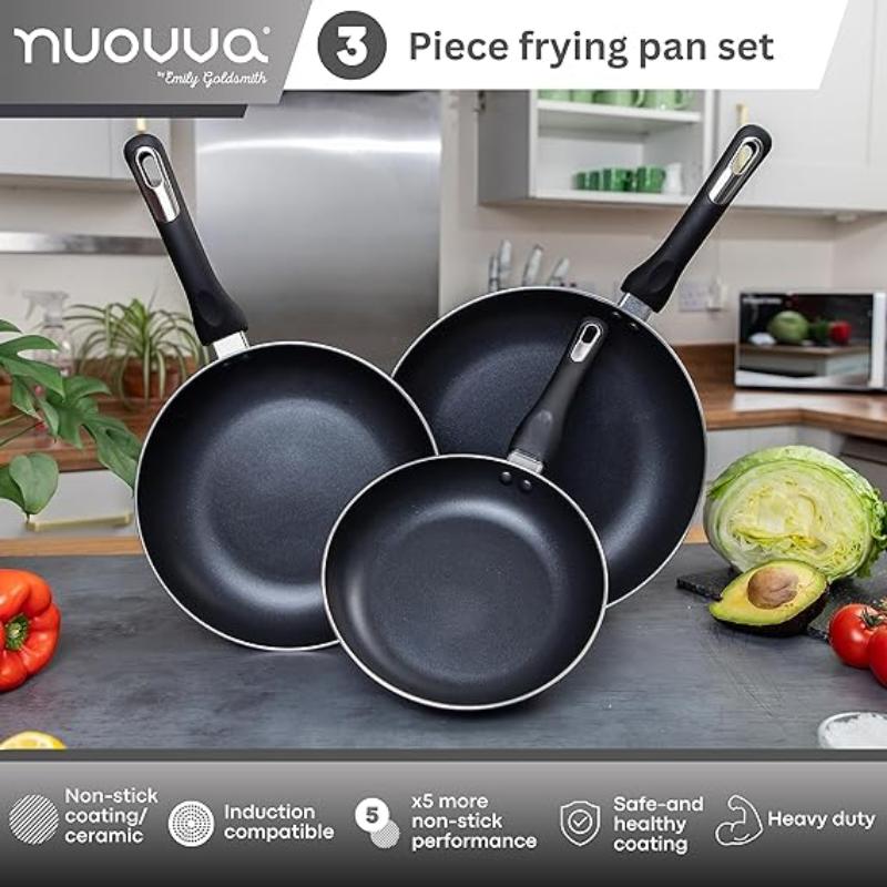 Black Frying Pan Set for Induction, Gas & Electric Hob (3 Piece) by Nuovva
