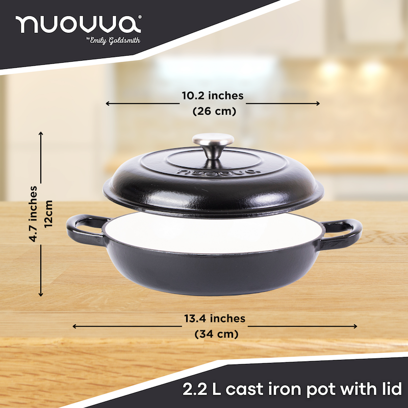 Shallow Cast Iron Dutch Oven Casserole Pot - 2.2L - 26cm, (Multiple Colours) by Nuovva