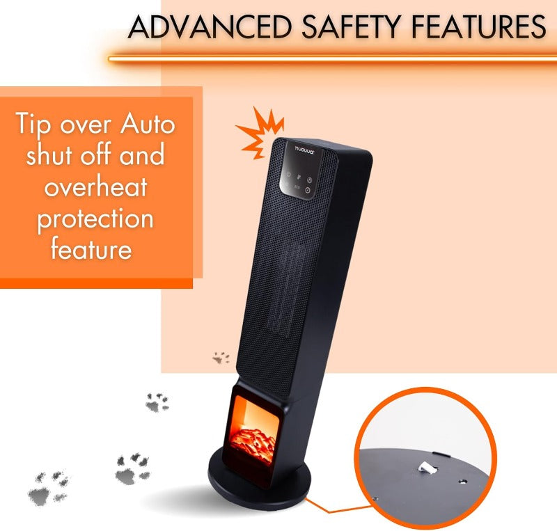 Ceramic Electric Tower Fan Heater with Fireplace Display