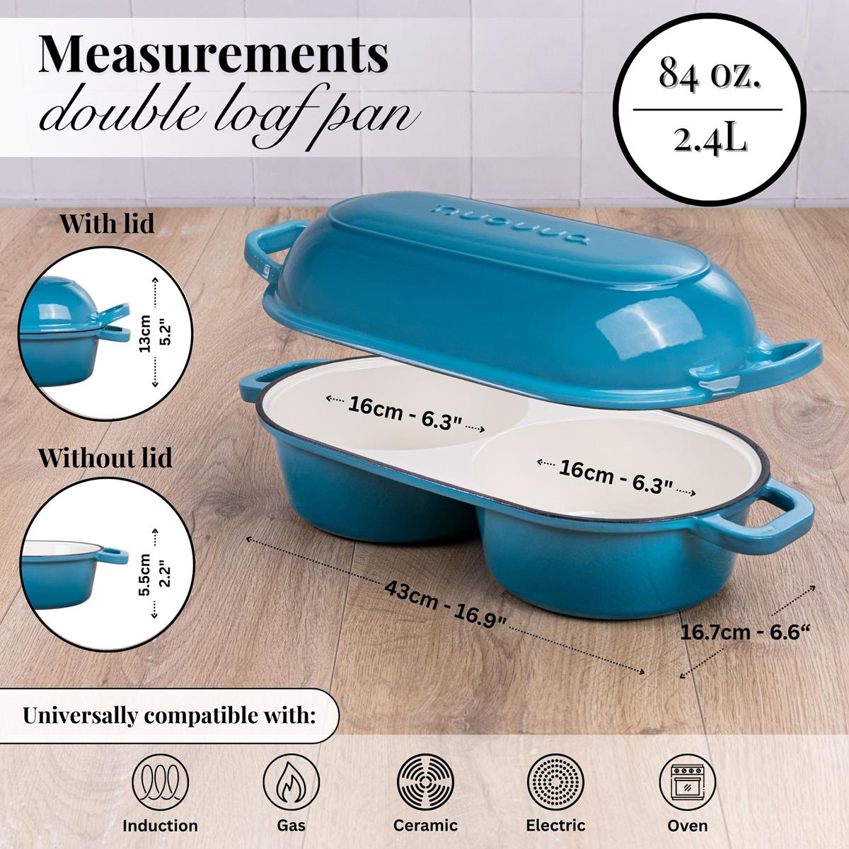Light Blue Enamelled Cast Iron Dutch Oven, Double Loaf Bread Pan, 16cm, By Nuovva