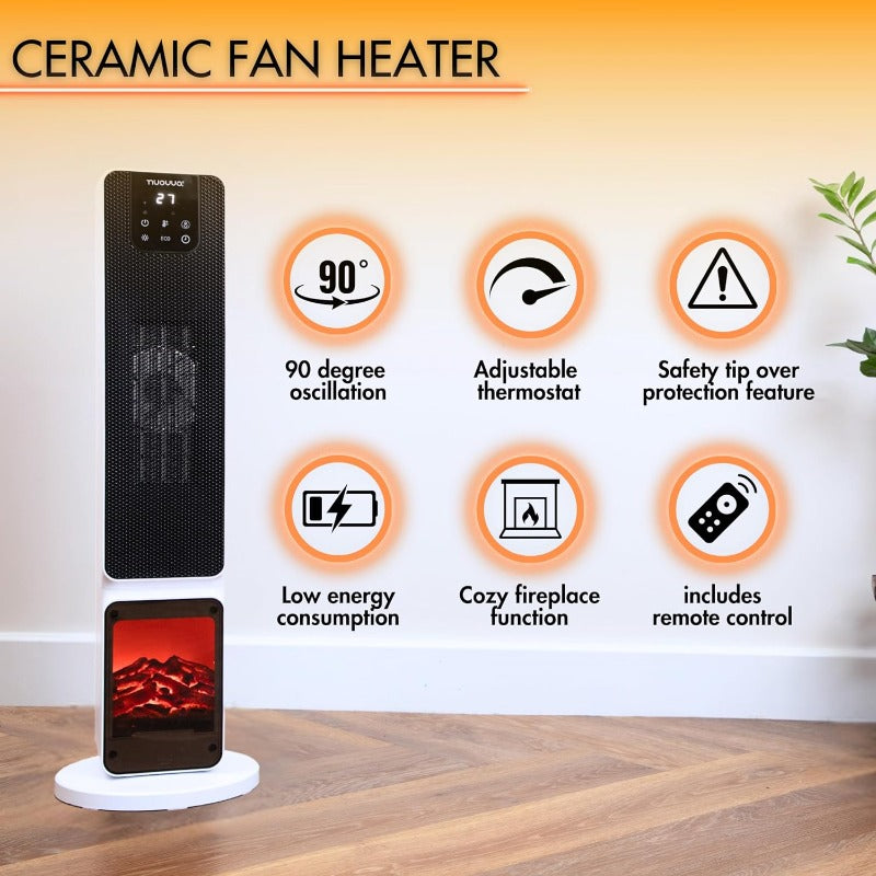 Ceramic Electric Tower Fan Heater with Fireplace Display