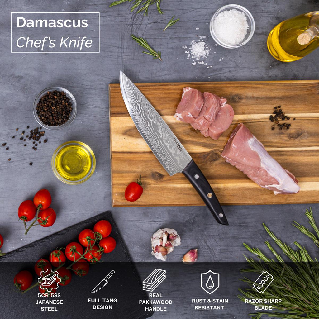 Damascus Chef’s Knife – 67-Layer Steel, Rosewood Handle – 8 inch by Nuovva