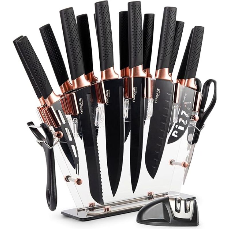 Professional Copper Kitchen Knife Set with Acrylic Block - 17 Pieces, by Nuovva