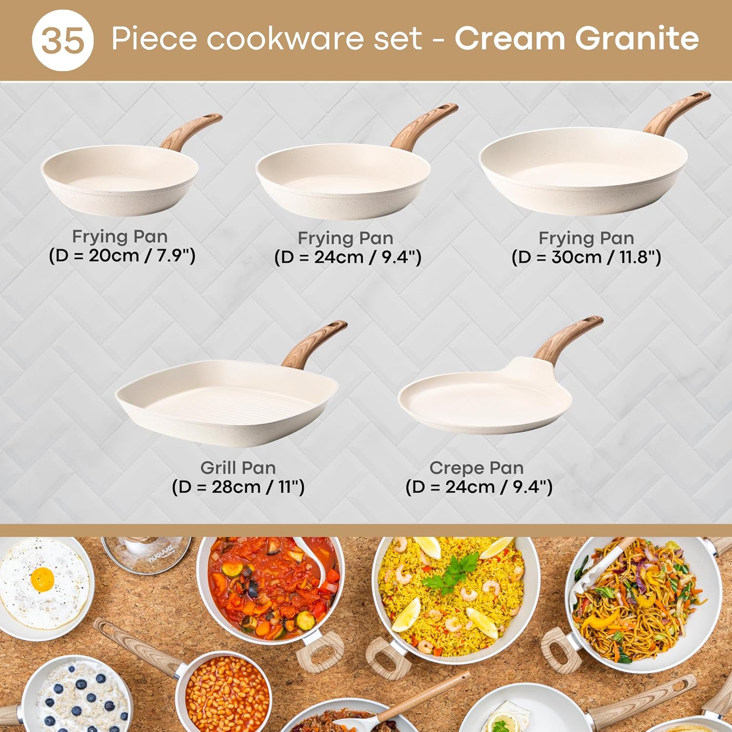 Kitchen Cookware Set of 5, 8, 15 & 35pcs with Lids - Multiple Colours