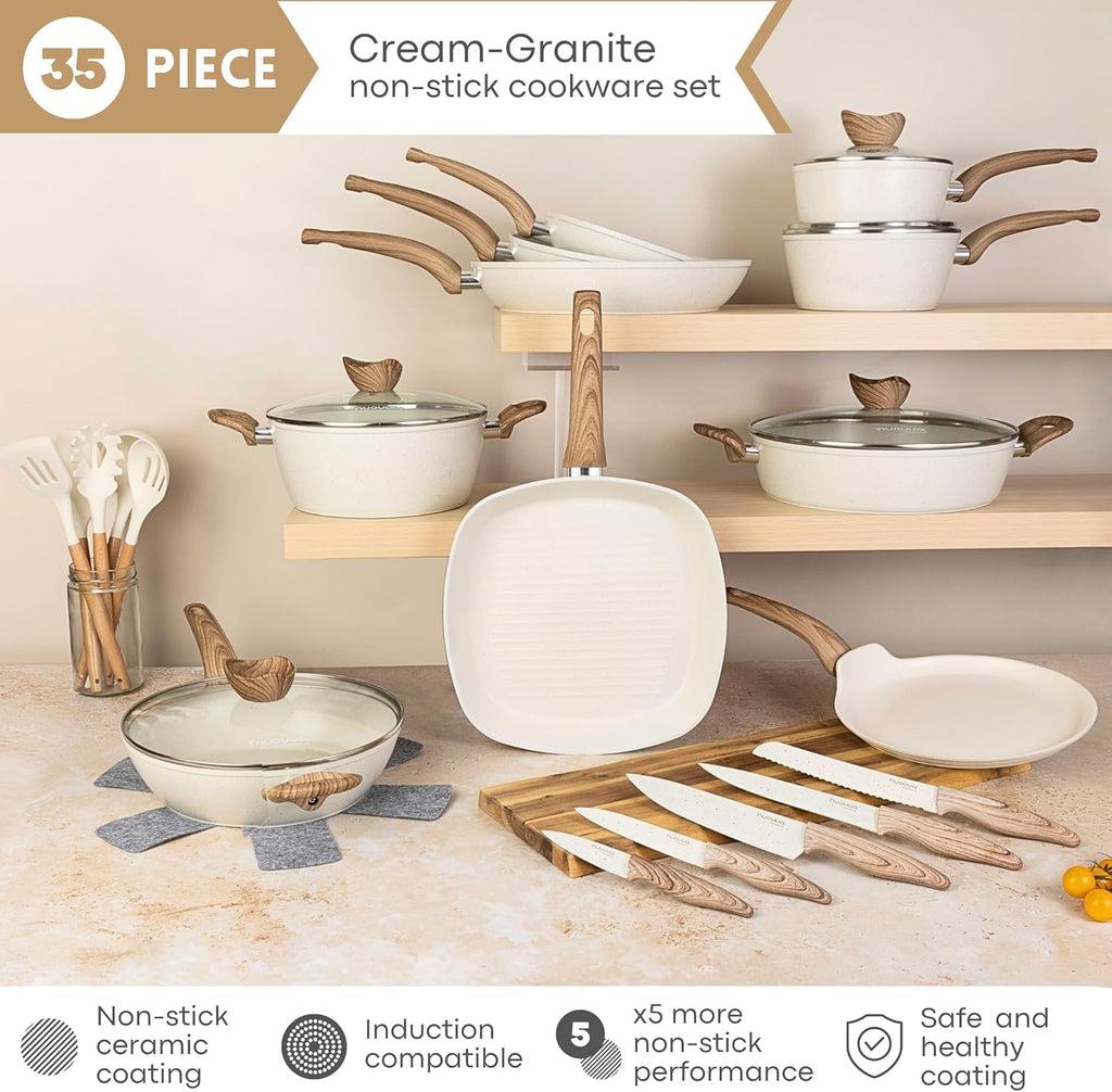 35pcs Cream Kitchen Cookware & Kitchen Knife Set