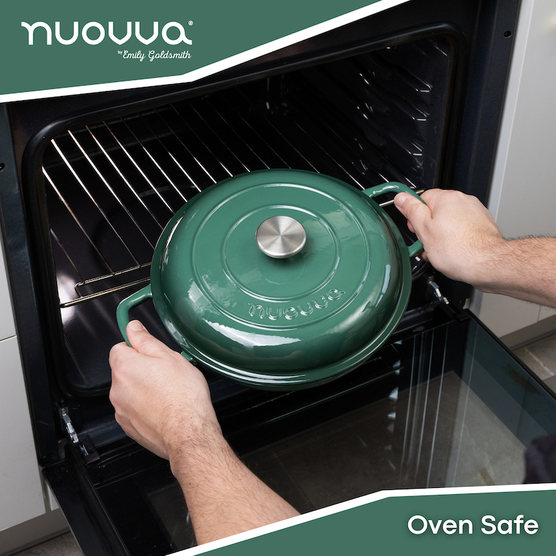 Dark Green Shallow Cast Iron Dutch Oven Casserole Pot - 2.2L - 26cm, by Nuovva