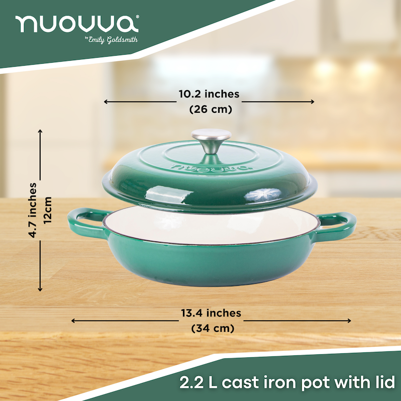 Shallow Cast Iron Dutch Oven Casserole Pot - 2.2L - 26cm, (Multiple Colours) by Nuovva