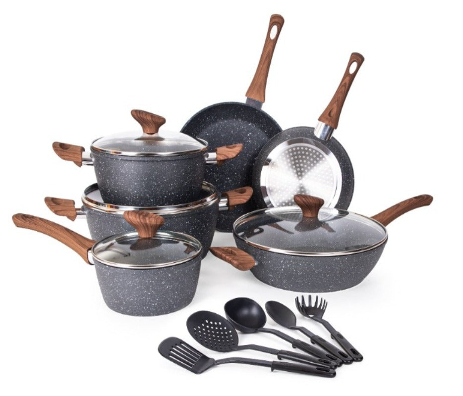 Kitchen Cookware Set of 5, 8, 15 & 35pcs with Lids - Multiple Colours