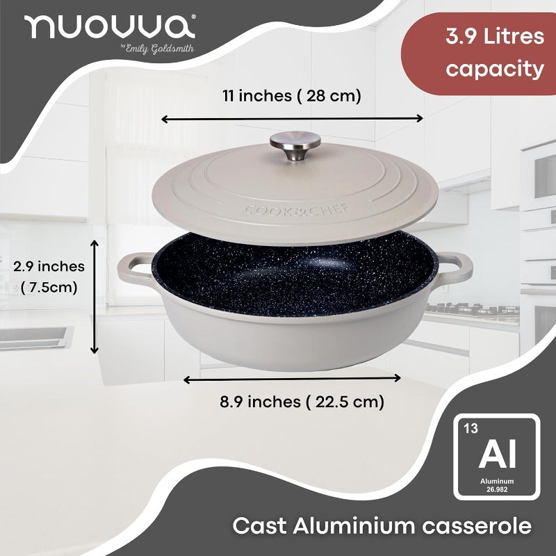 Grey Aluminium Shallow Casserole Pan with Lid - 28cm - 3.9L, by Nuovva