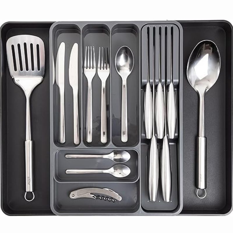 Grey Expandable Cutlery Drawer Organiser Divider, by Nuovva