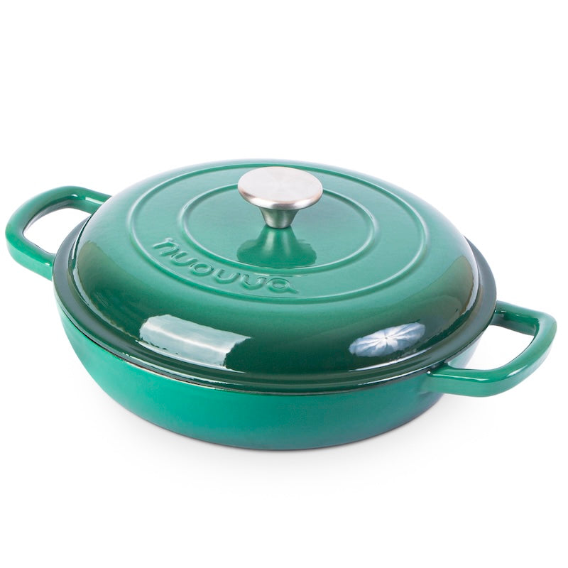Dark Green Shallow Cast Iron Dutch Oven Casserole Pot - 2.2L - 26cm, by Nuovva