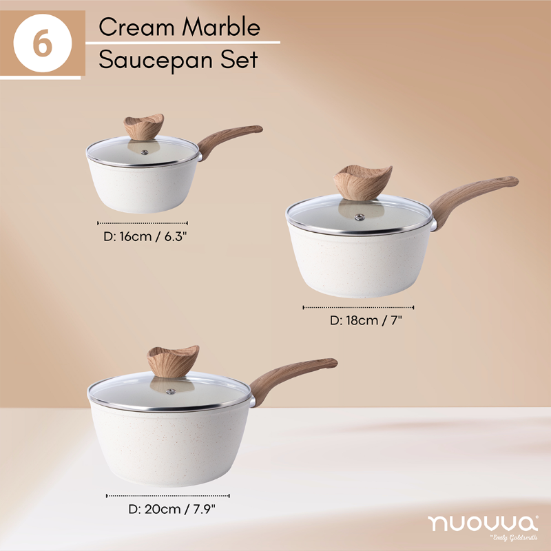Cream Granite Non-Stick Saucepan with Lid (Multiple Set Sizes), by Nuovva