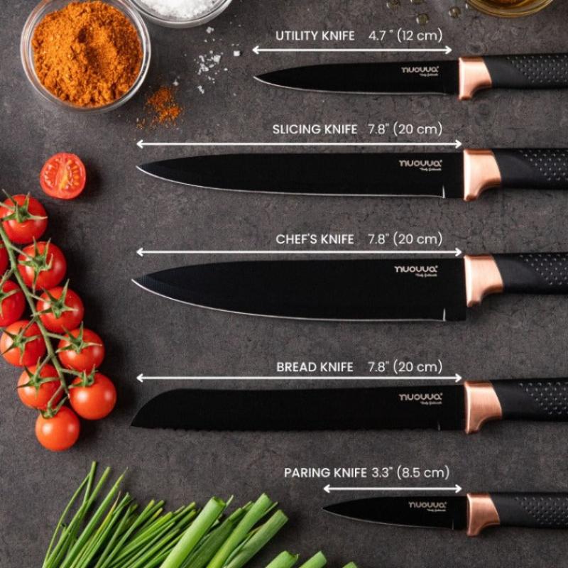 Copper Sharp Kitchen Knife Set With Acrylic Block - 6 piece, by Nuovva