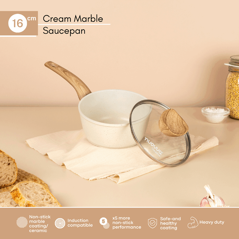 Cream Granite Non-Stick Saucepan with Lid - 16cm, by Nuovva