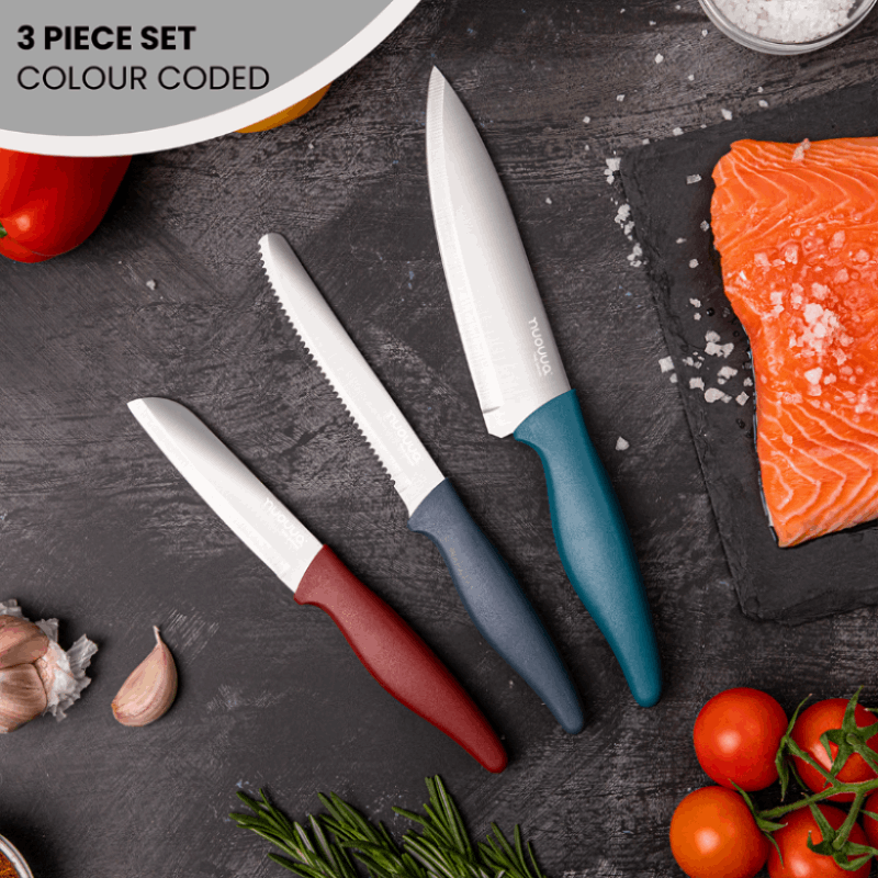 Dull Multicolour Kitchen Knife Set, Stainless Steel Non-Stick Blades - 3 pieces, by Nuovva